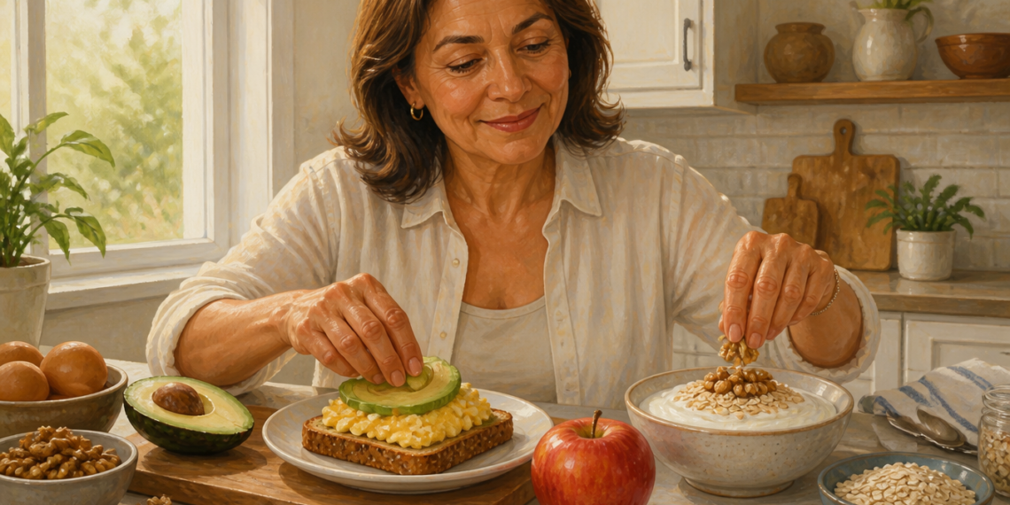Mujer adulta preparando un desayuno con tostada, aguacate y huevo, junto a un cuenco de yogur con avena y nueces, en una cocina luminosa.