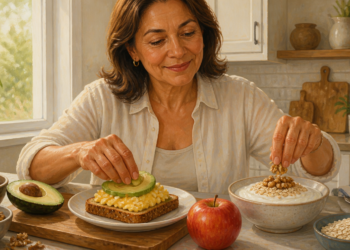 Mujer adulta preparando un desayuno con tostada, aguacate y huevo, junto a un cuenco de yogur con avena y nueces, en una cocina luminosa.