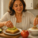 Mujer adulta preparando un desayuno con tostada, aguacate y huevo, junto a un cuenco de yogur con avena y nueces, en una cocina luminosa.