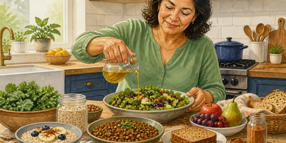 Mujer adulta preparando una ensalada con aceite de oliva en una cocina, rodeada de alimentos como verduras, legumbres, avena, fruta, pan integral y canela.