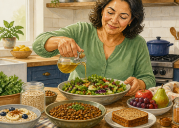 Mujer adulta preparando una ensalada con aceite de oliva en una cocina, rodeada de alimentos como verduras, legumbres, avena, fruta, pan integral y canela.