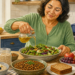 Mujer adulta preparando una ensalada con aceite de oliva en una cocina, rodeada de alimentos como verduras, legumbres, avena, fruta, pan integral y canela.