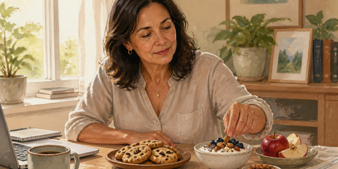 Mujer adulta eligiendo una merienda con yogur, frutos secos, frutos rojos y manzana mientras unas galletas permanecen en un plato sobre la mesa.