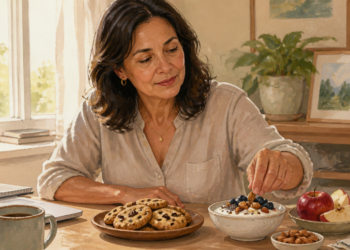 Mujer adulta eligiendo una merienda con yogur, frutos secos, frutos rojos y manzana mientras unas galletas permanecen en un plato sobre la mesa.