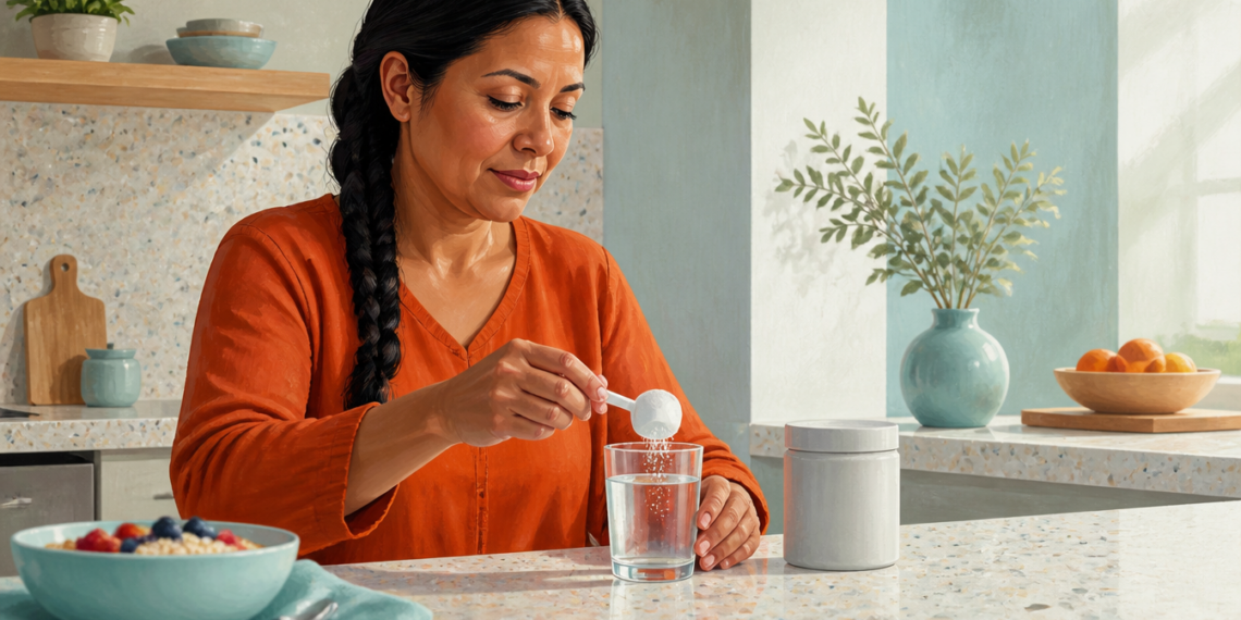 Mujer adulta añade una medida de polvo blanco a un vaso de agua junto a un envase y un cuenco de desayuno con fruta.