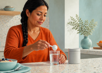 Mujer adulta añade una medida de polvo blanco a un vaso de agua junto a un envase y un cuenco de desayuno con fruta.