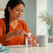 Mujer adulta añade una medida de polvo blanco a un vaso de agua junto a un envase y un cuenco de desayuno con fruta.
