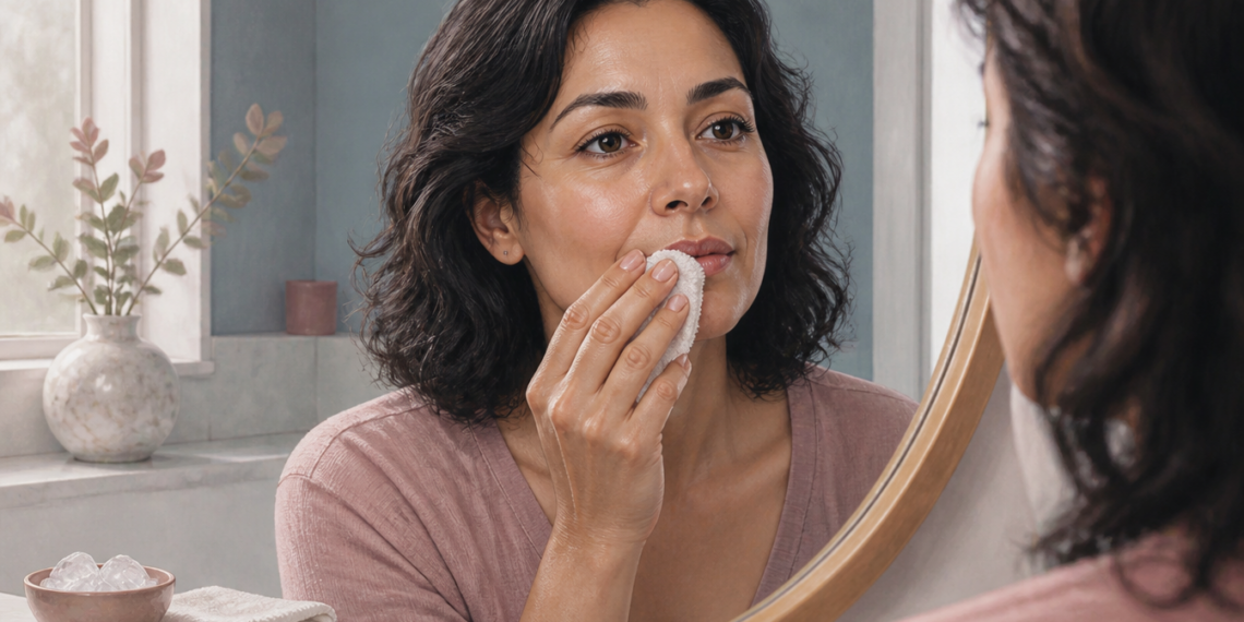 Mujer observa su labio en el espejo mientras aplica una compresa sobre la boca en un baño luminoso, con cuenco con hielo y toallas sobre la encimera.