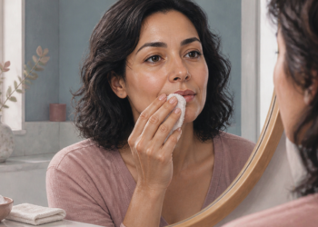 Mujer observa su labio en el espejo mientras aplica una compresa sobre la boca en un baño luminoso, con cuenco con hielo y toallas sobre la encimera.