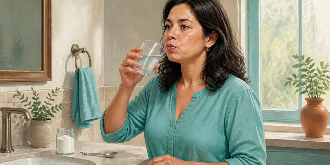 Mujer de mediana edad sostiene un vaso con líquido en la boca junto al lavabo de un baño, en una escena de enjuague bucal casero, con un frasco, una cuchara y una toalla sobre la encimera.