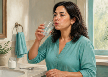 Mujer de mediana edad sostiene un vaso con líquido en la boca junto al lavabo de un baño, en una escena de enjuague bucal casero, con un frasco, una cuchara y una toalla sobre la encimera.