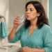 Mujer de mediana edad sostiene un vaso con líquido en la boca junto al lavabo de un baño, en una escena de enjuague bucal casero, con un frasco, una cuchara y una toalla sobre la encimera.