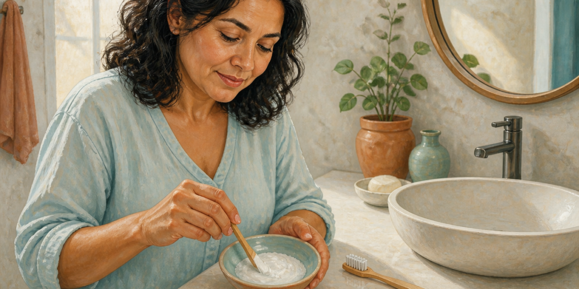 Mujer de mediana edad mezcla una pasta blanca en un cuenco junto al lavabo del baño, con un cepillo de dientes colocado sobre la encimera.
