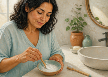 Mujer de mediana edad mezcla una pasta blanca en un cuenco junto al lavabo del baño, con un cepillo de dientes colocado sobre la encimera.
