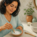 Mujer de mediana edad mezcla una pasta blanca en un cuenco junto al lavabo del baño, con un cepillo de dientes colocado sobre la encimera.