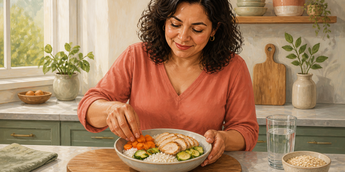 Mujer de mediana edad prepara un plato con arroz, pollo, zanahoria y calabacín en una cocina luminosa, acompañado de un vaso de agua.