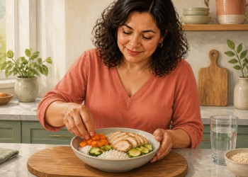 Mujer de mediana edad prepara un plato con arroz, pollo, zanahoria y calabacín en una cocina luminosa, acompañado de un vaso de agua.