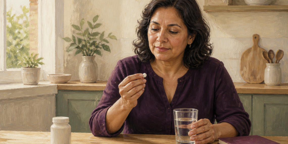 Mujer de mediana edad sostiene un comprimido junto a un vaso de agua en una cocina, con un frasco de suplemento y un cuaderno sobre la mesa.