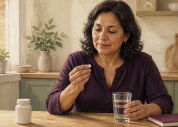 Mujer de mediana edad sostiene un comprimido junto a un vaso de agua en una cocina, con un frasco de suplemento y un cuaderno sobre la mesa.