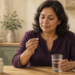 Mujer de mediana edad sostiene un comprimido junto a un vaso de agua en una cocina, con un frasco de suplemento y un cuaderno sobre la mesa.