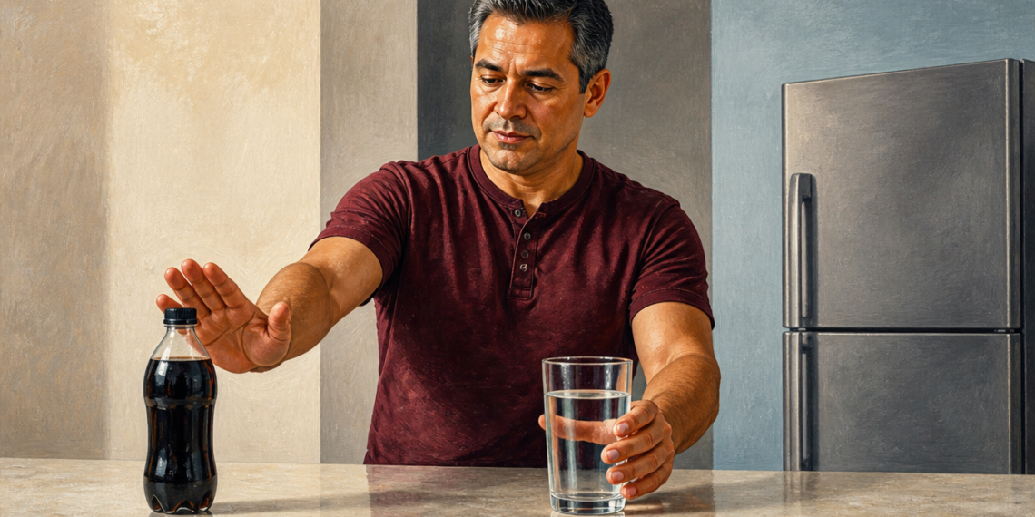 Hombre de mediana edad aparta la mano de una botella de bebida oscura mientras sostiene un vaso de agua sobre una encimera, con un refrigerador al fondo.