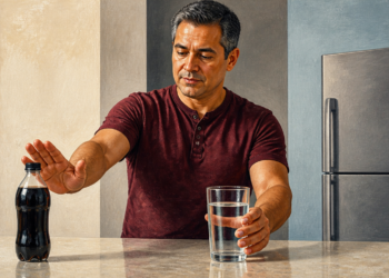 Hombre de mediana edad aparta la mano de una botella de bebida oscura mientras sostiene un vaso de agua sobre una encimera, con un refrigerador al fondo.