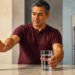 Hombre de mediana edad aparta la mano de una botella de bebida oscura mientras sostiene un vaso de agua sobre una encimera, con un refrigerador al fondo.