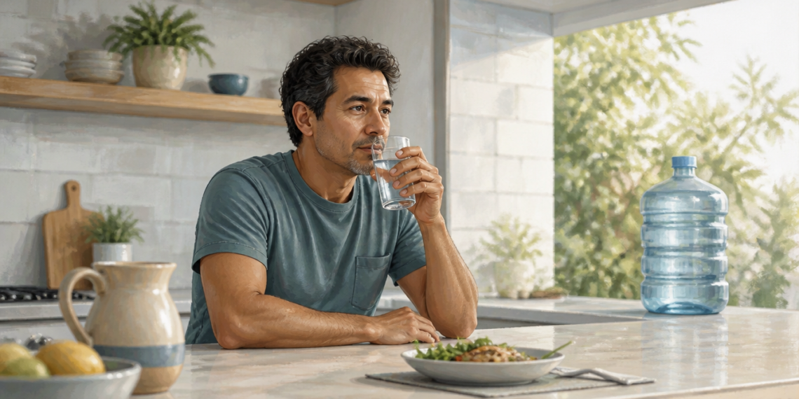 Hombre adulto bebe un vaso de agua en una cocina luminosa, junto a una garrafa grande y un plato de comida.