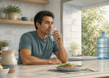 Hombre adulto bebe un vaso de agua en una cocina luminosa, junto a una garrafa grande y un plato de comida.