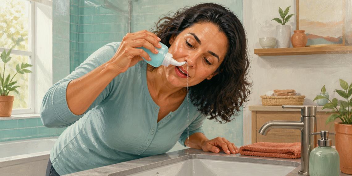 Mujer realiza un lavado nasal con una botella aplicadora sobre el lavabo del baño, dejando salir la solución por una fosa nasal mientras se inclina hacia el fregadero.