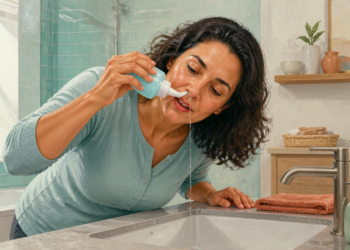 Mujer realiza un lavado nasal con una botella aplicadora sobre el lavabo del baño, dejando salir la solución por una fosa nasal mientras se inclina hacia el fregadero.