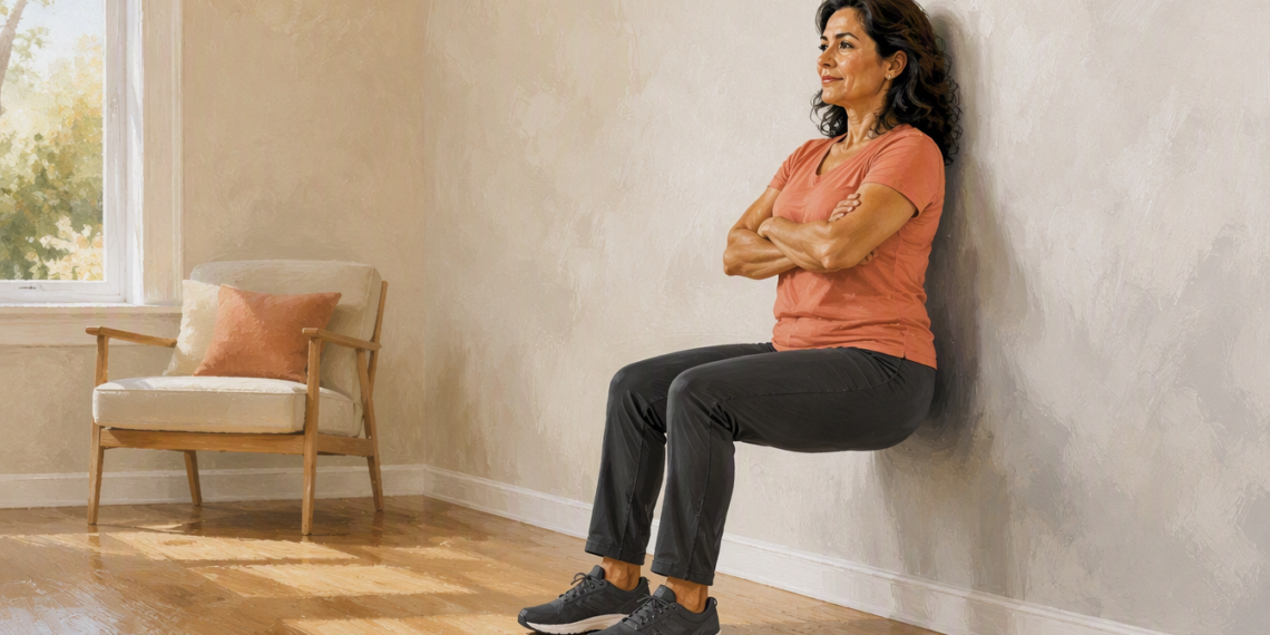 Mujer adulta realizando una sentadilla isométrica contra la pared, con las rodillas flexionadas y los pies apoyados en el suelo de una habitación luminosa.
