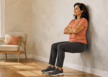 Mujer adulta realizando una sentadilla isométrica contra la pared, con las rodillas flexionadas y los pies apoyados en el suelo de una habitación luminosa.