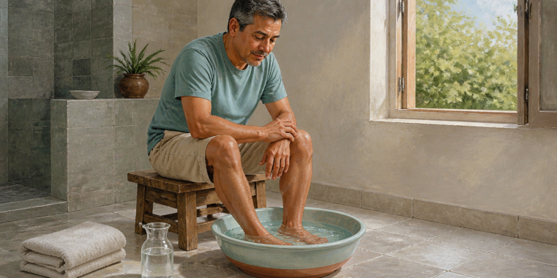 Hombre de mediana edad mantiene los pies sumergidos en un recipiente con agua mientras está sentado en un baño, con toallas y una jarra de agua a su lado.