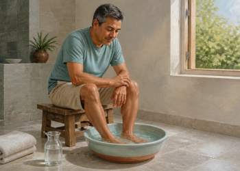 Hombre de mediana edad mantiene los pies sumergidos en un recipiente con agua mientras está sentado en un baño, con toallas y una jarra de agua a su lado.