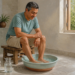 Hombre de mediana edad mantiene los pies sumergidos en un recipiente con agua mientras está sentado en un baño, con toallas y una jarra de agua a su lado.
