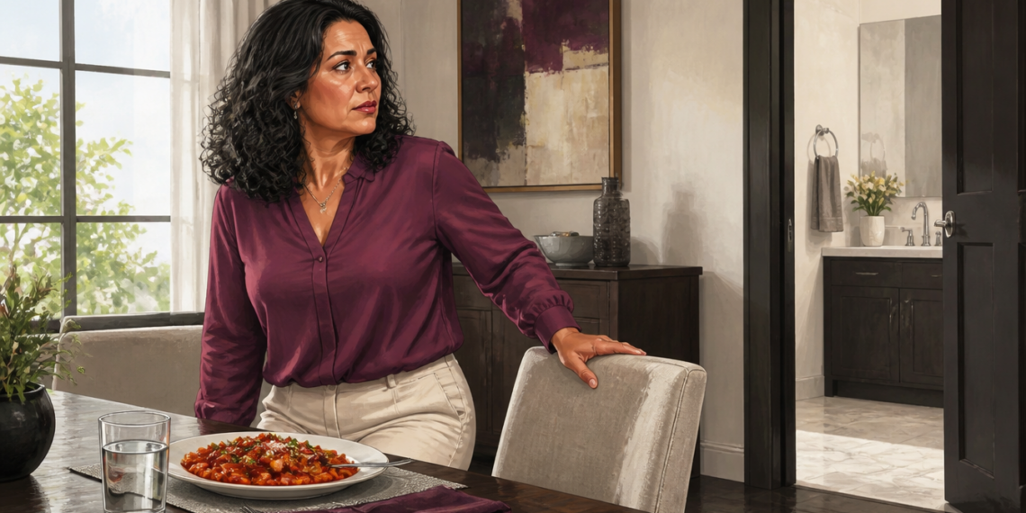 Mujer adulta de pie junto a una mesa con un plato de comida, apoyada en una silla y mirando hacia una habitación contigua.