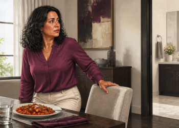 Mujer adulta de pie junto a una mesa con un plato de comida, apoyada en una silla y mirando hacia una habitación contigua.