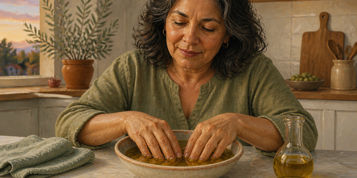Mujer de mediana edad sumerge las manos en un cuenco con aceite sobre la mesa de una cocina, con una toalla y una botella de aceite a un lado.