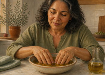 Mujer de mediana edad sumerge las manos en un cuenco con aceite sobre la mesa de una cocina, con una toalla y una botella de aceite a un lado.