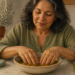 Mujer de mediana edad sumerge las manos en un cuenco con aceite sobre la mesa de una cocina, con una toalla y una botella de aceite a un lado.