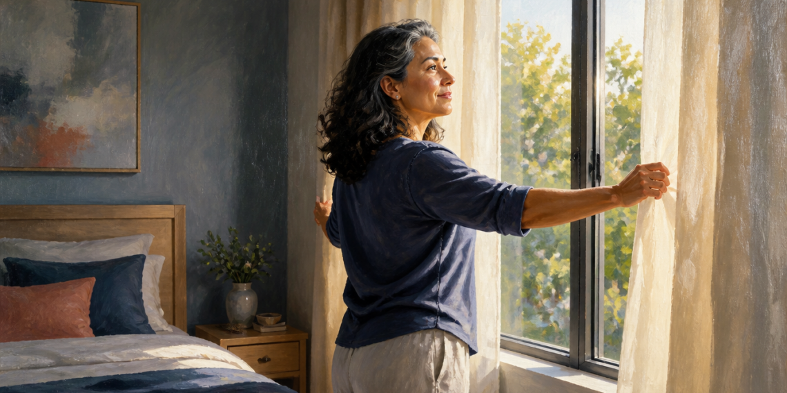 Mujer de mediana edad abre las cortinas de un dormitorio mientras entra la luz del día por una gran ventana, en una escena de rutina matutina.