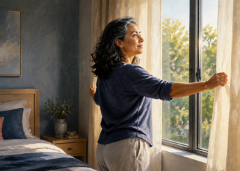 Mujer de mediana edad abre las cortinas de un dormitorio mientras entra la luz del día por una gran ventana, en una escena de rutina matutina.