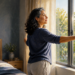 Mujer de mediana edad abre las cortinas de un dormitorio mientras entra la luz del día por una gran ventana, en una escena de rutina matutina.
