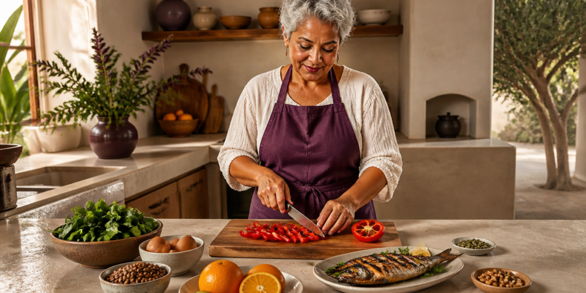 Mujer mayor con delantal corta pimiento rojo en una cocina, rodeada de pescado, huevos, hojas verdes, cítricos y legumbres sobre la encimera.