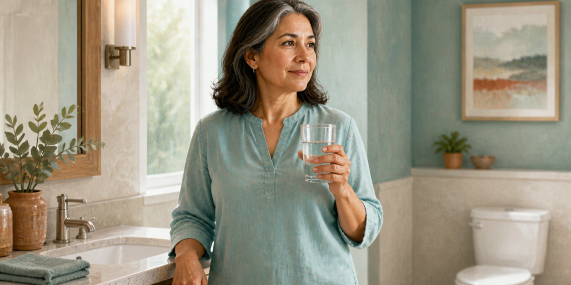 Mujer de mediana edad sostiene un vaso de agua en un baño luminoso, junto al lavabo y con el inodoro visible al fondo.