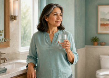 Mujer de mediana edad sostiene un vaso de agua en un baño luminoso, junto al lavabo y con el inodoro visible al fondo.