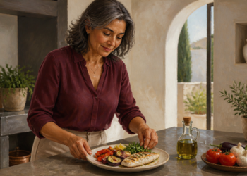 Mujer adulta en una cocina colocando un plato con pescado y verduras, junto a una botella de aceite de oliva y varios vegetales frescos sobre la encimera.