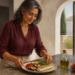 Mujer adulta en una cocina colocando un plato con pescado y verduras, junto a una botella de aceite de oliva y varios vegetales frescos sobre la encimera.