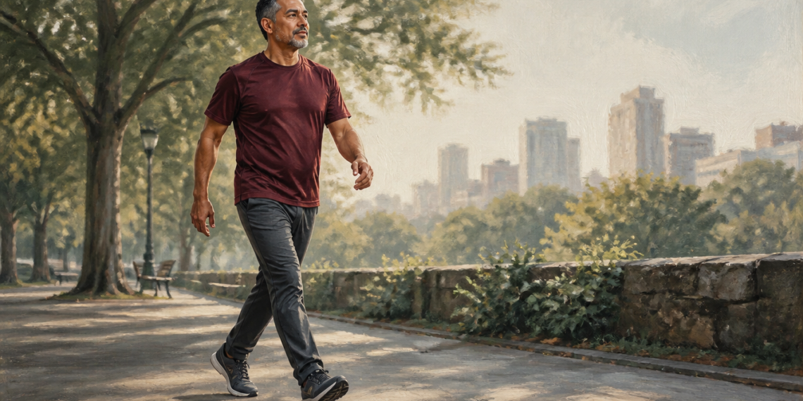 Hombre adulto caminando con paso firme por un parque urbano, vestido con camiseta deportiva y pantalón oscuro, con árboles y edificios al fondo.